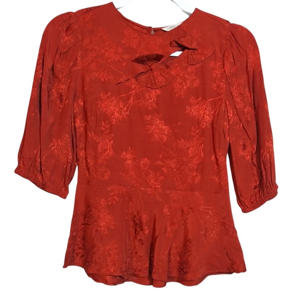 Cover/Story Elegant Rust Red Floral Print Double Bow Women's Blouse  Size XS